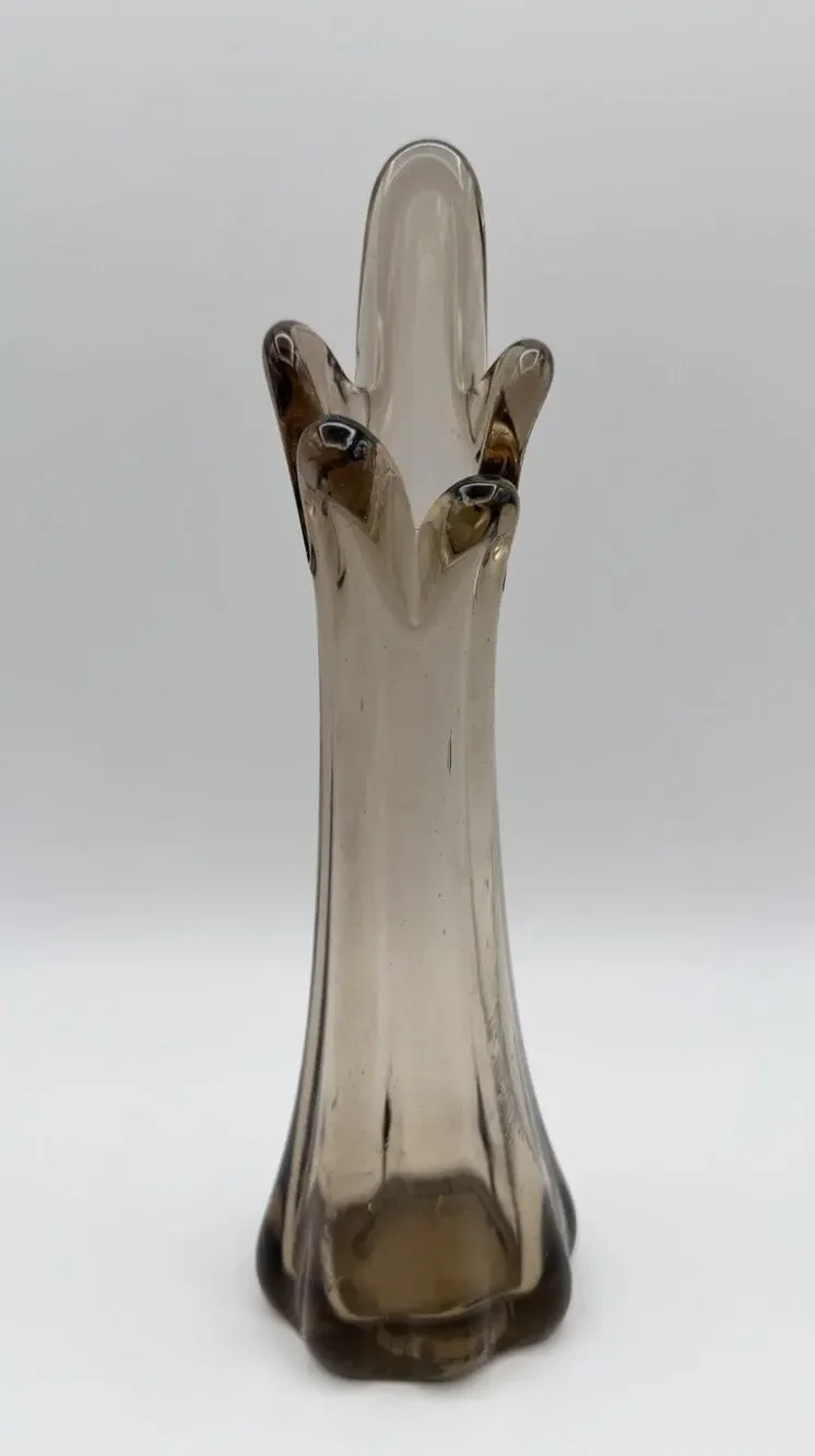 Hand Blown Five Finger Swung Glass Vase 9.25” Smoky Brown Art Glass MCM